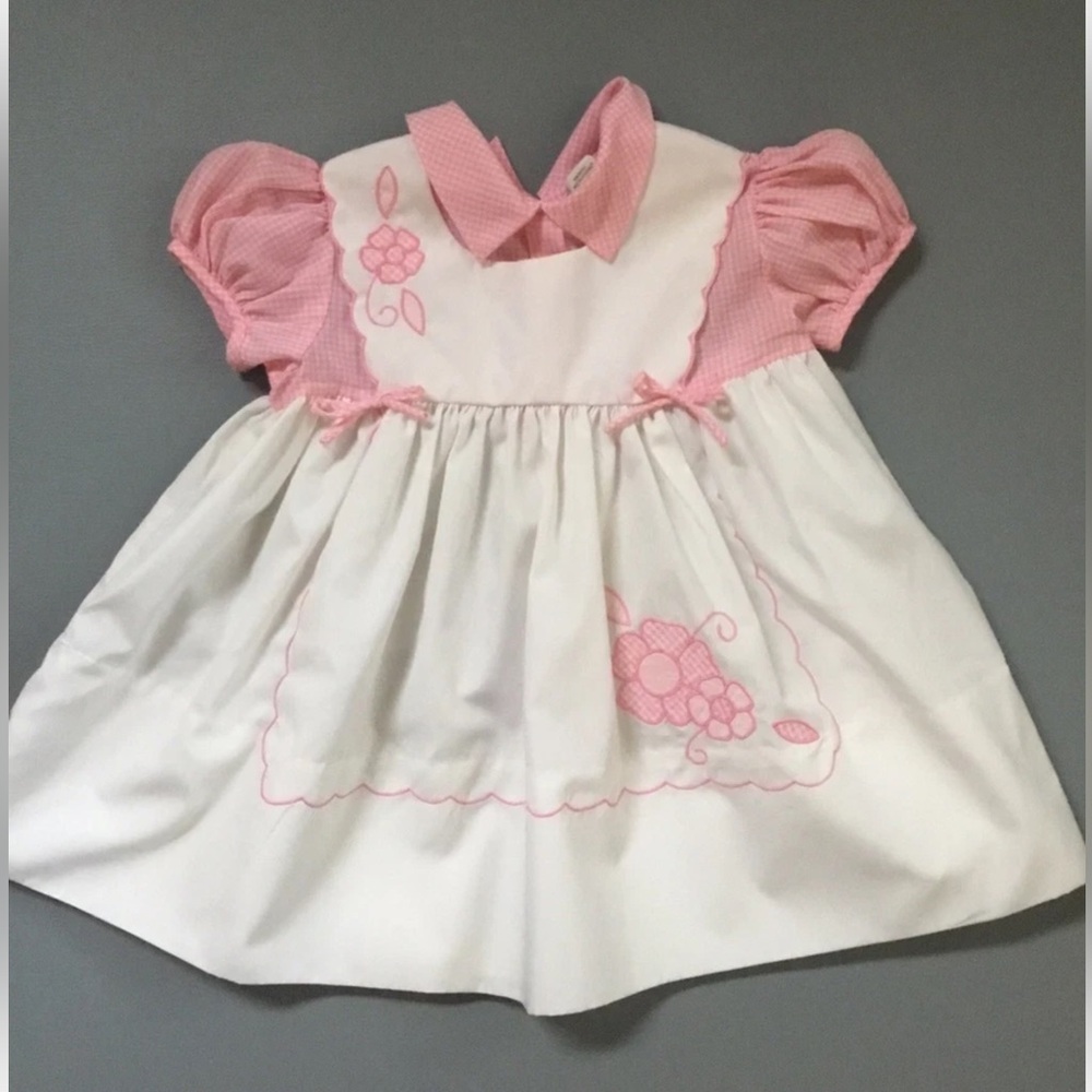 Vintage Girls Pinafore Embroidered Gingham Dress Toddler